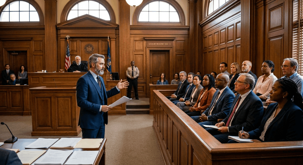 A lawyer speaking to a seated jury in a courtroom