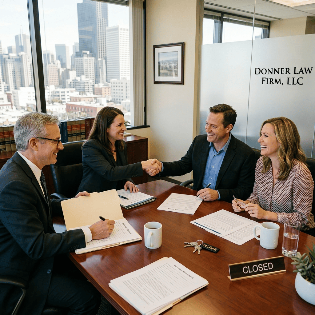 Couple shaking hands with realtor at a home closing meeting in office