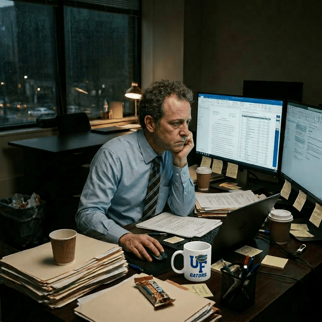 Woman lawyer working late at office desk with multiple computer screens and stacks of documents