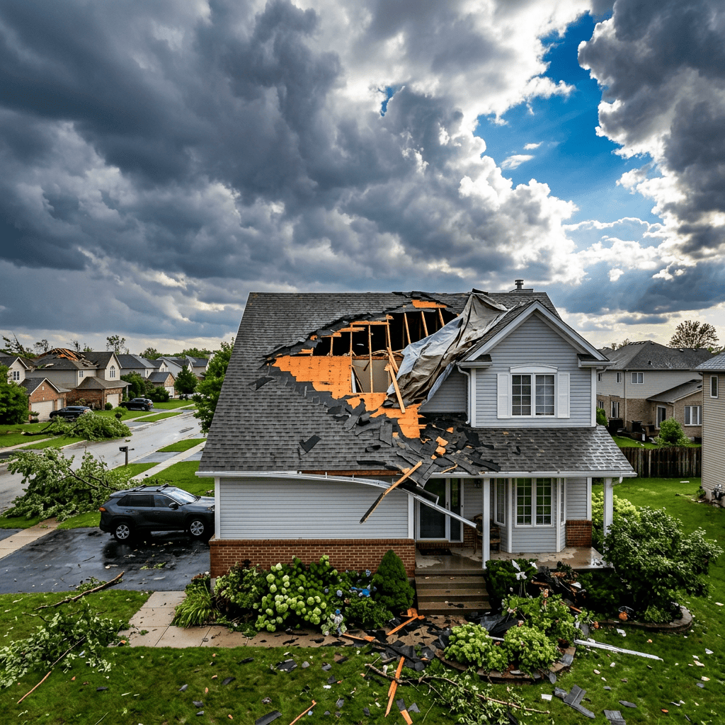 Two-story house with large sections of roof torn off and debris scattered around