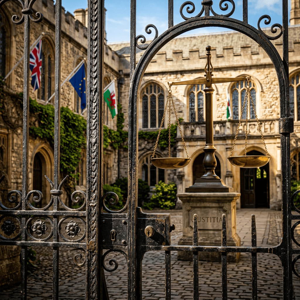Brass scales of justice statue on stone pedestal behind iron gates in a historic courtyard
