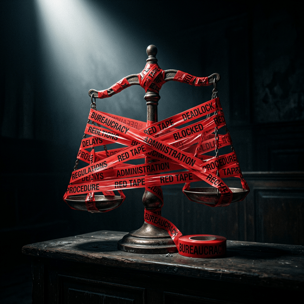 Justice scales tightly wrapped with red tape labeled with bureaucratic terms