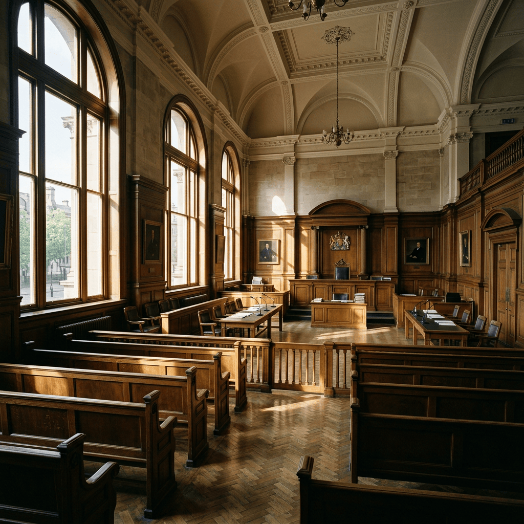 Empty historic courtroom with wooden benches, judge's seat, and large arched windows