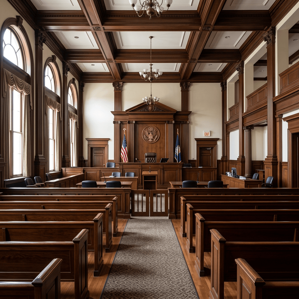 Empty courtroom with wooden benches, judge's bench, flags, and high ceiling