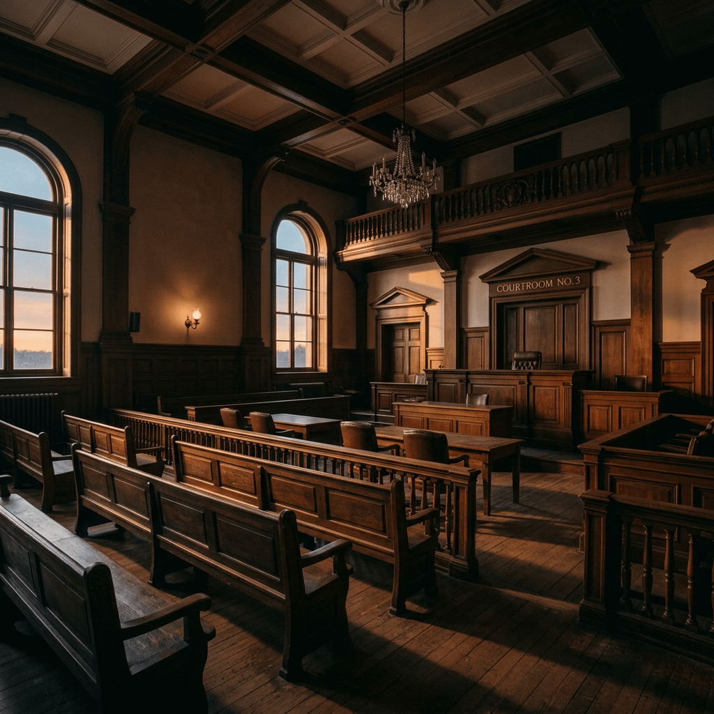 Empty courtroom with wooden benches, judge's bench, and large windows at sunset