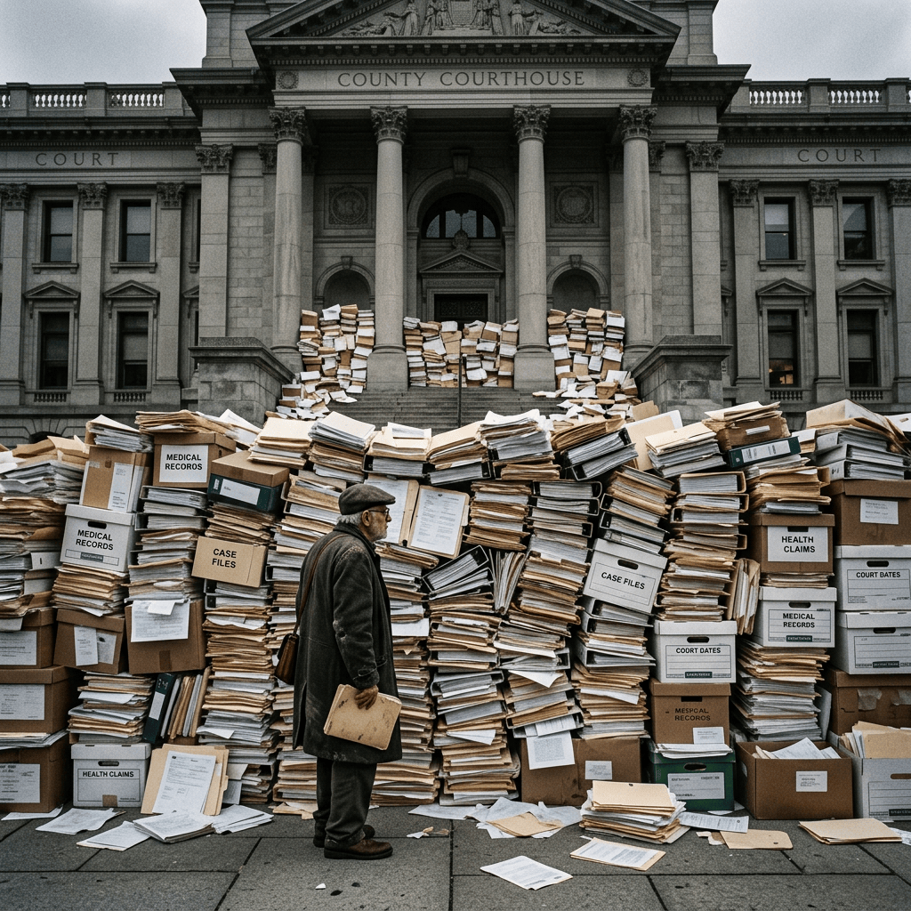 Man in coat and hat looking at large stacks of case files, medical records, and health claims outside county courthouse