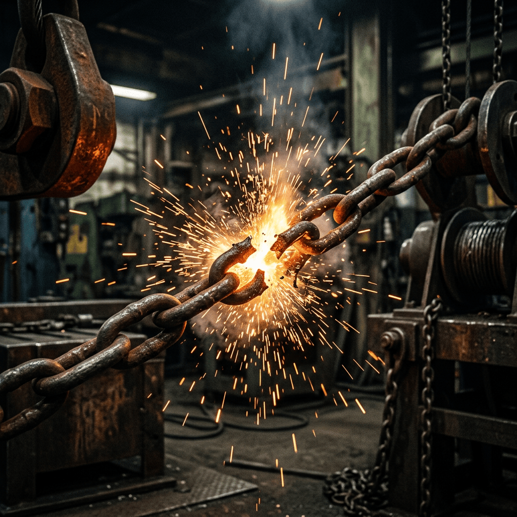 Bright sparks from welding a broken metal chain in an industrial workshop