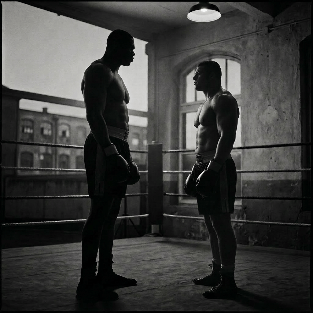 Two male boxers standing in a boxing ring facing each other, one noticeably taller than the other, in a dim, worn gym.
