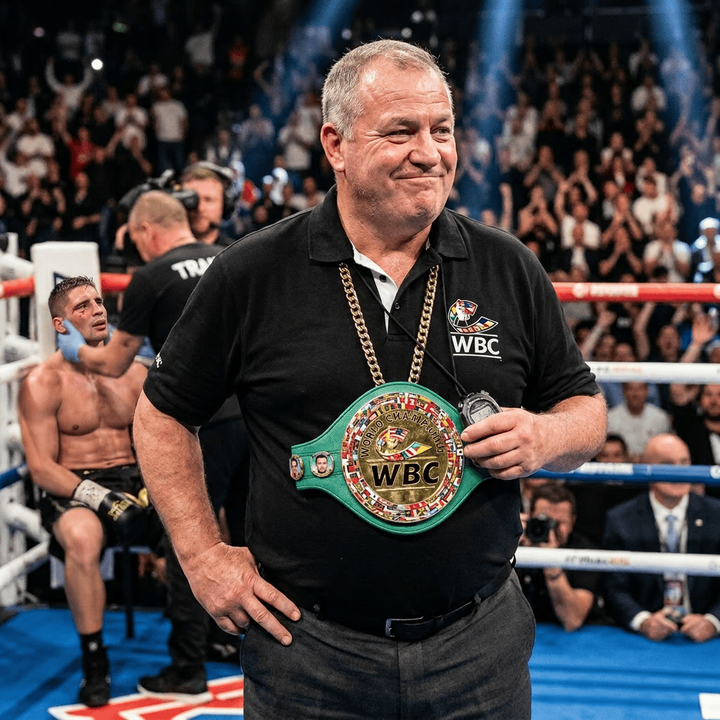 WBC official wearing championship belt stands in boxing ring