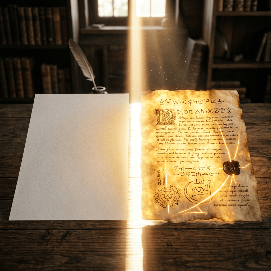 Glowing ancient manuscript with mystical symbols and wax seal on wooden desk