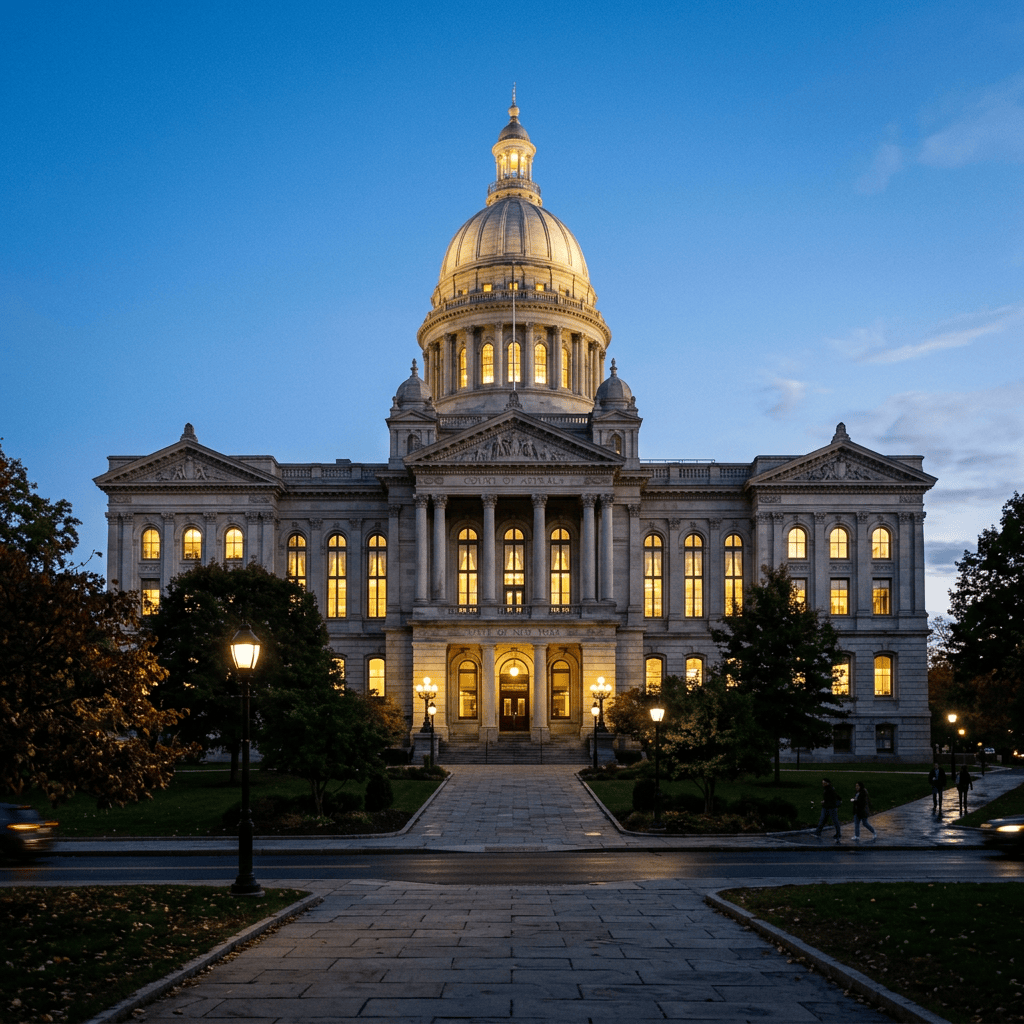 Historic Court of Appeals building with lit windows during evening
