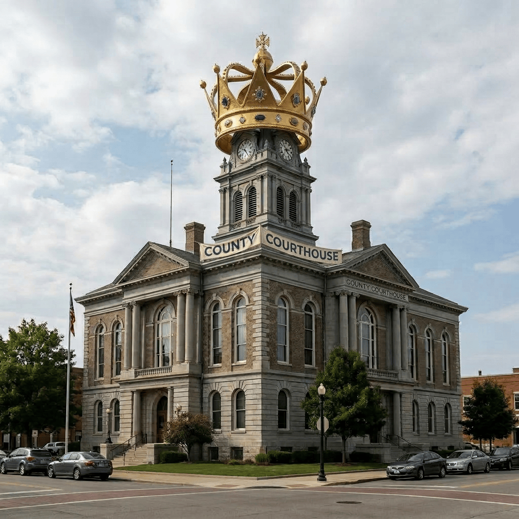 Historic local county courthouse building with clock tower topped by large decorative golden crown