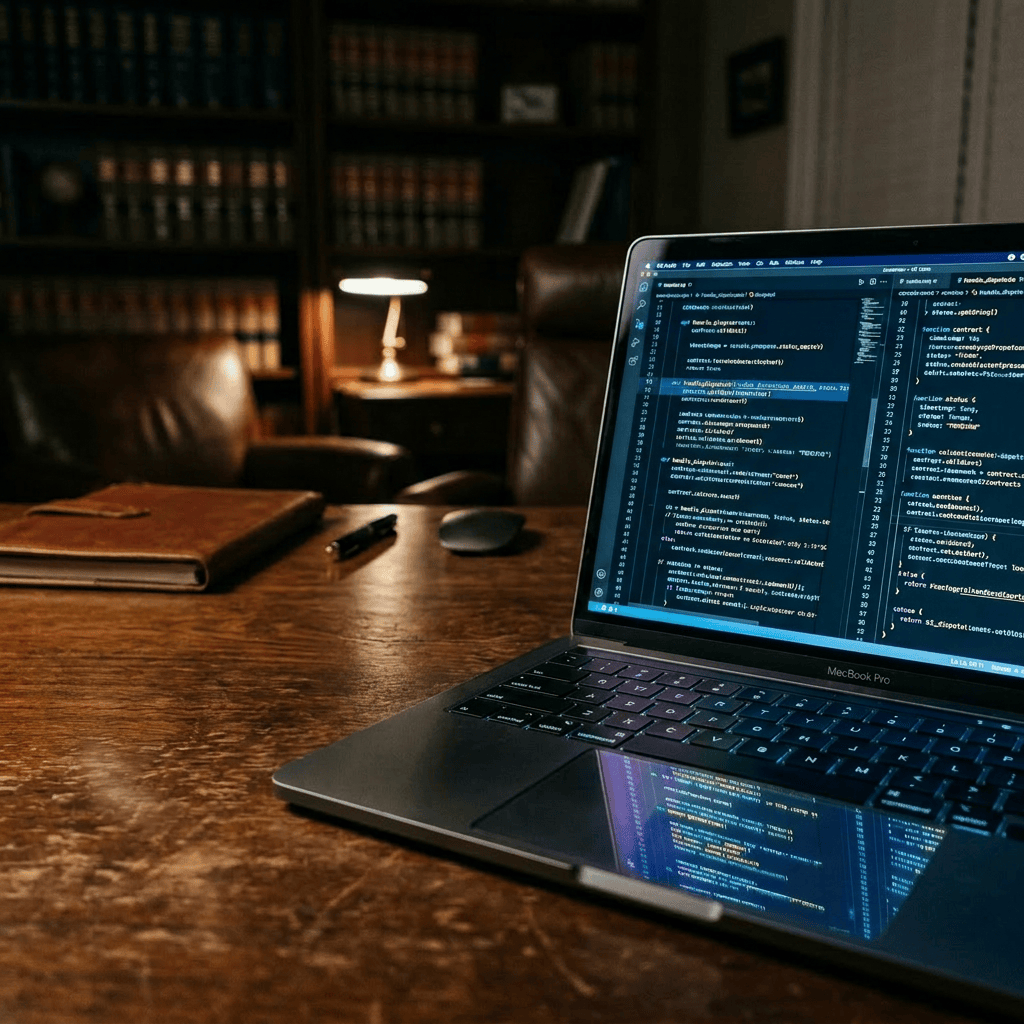 Gavel beside laptop showing programming code on wooden desk in law library