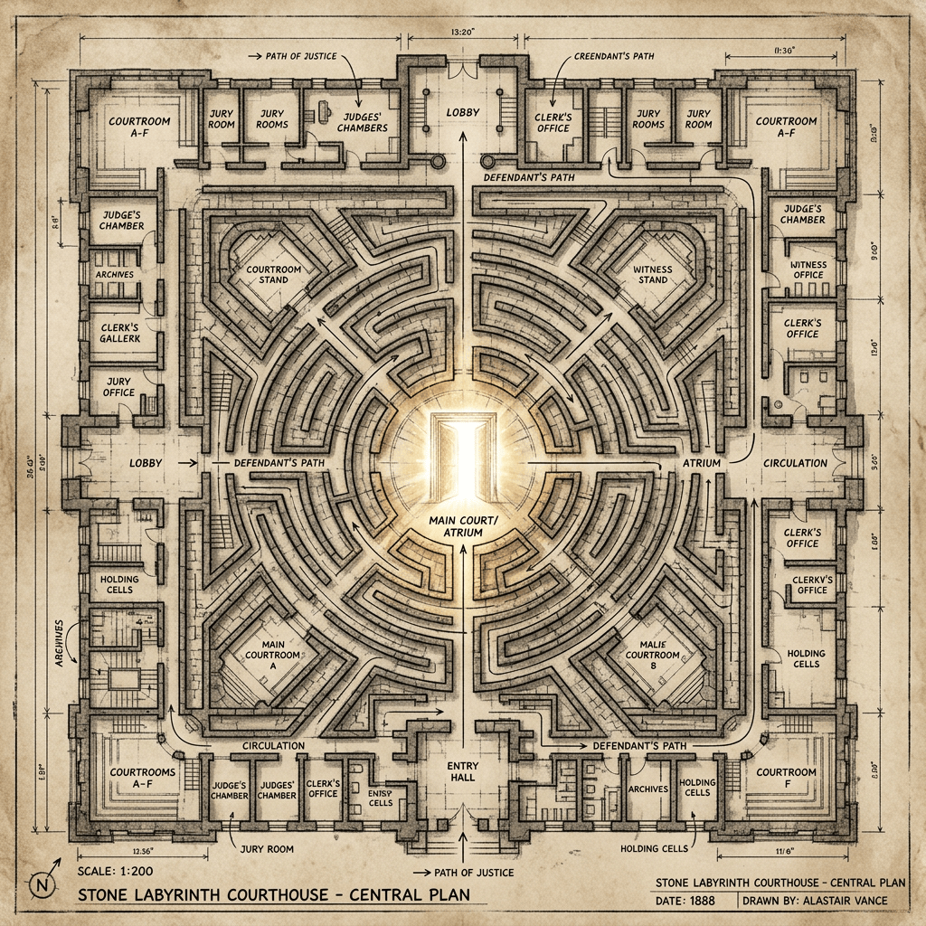 Architectural floor plan of Stone Labyrinth Courthouse with labeled courtrooms, chambers, offices, and labyrinth paths