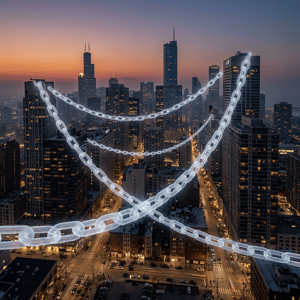 Glowing digital chains stretched across a city skyline at dusk