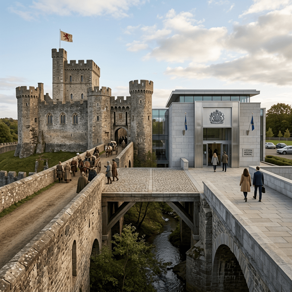 Medieval castle and modern government building connected by bridges with people walking