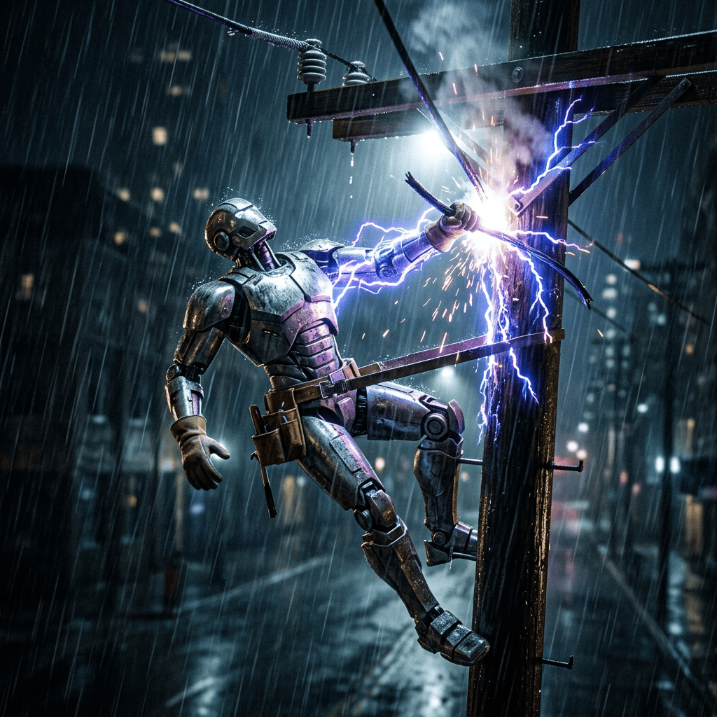 Robot in rain repairing a sparking high-voltage power line on a utility pole
