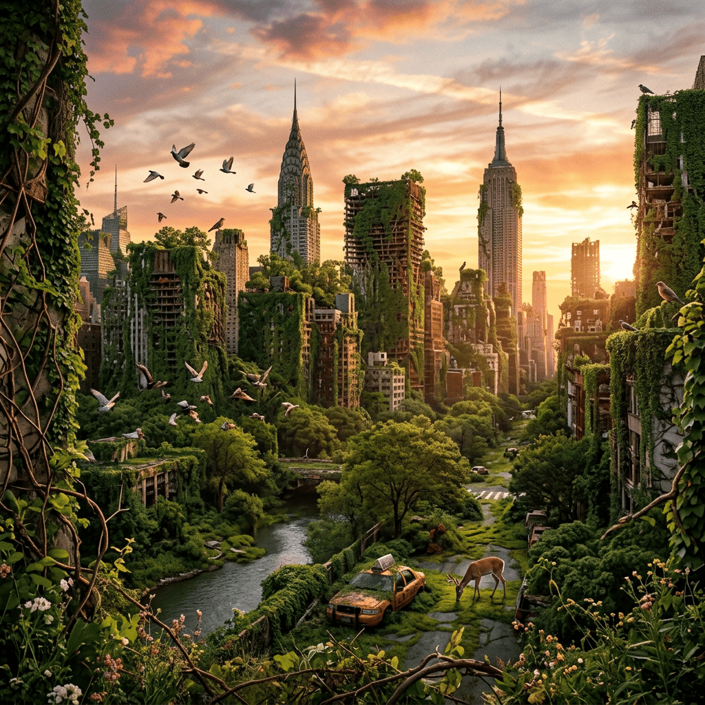 Abandoned New York City with ivy-covered skyscrapers, wildlife, and a deer near a moss-covered taxi