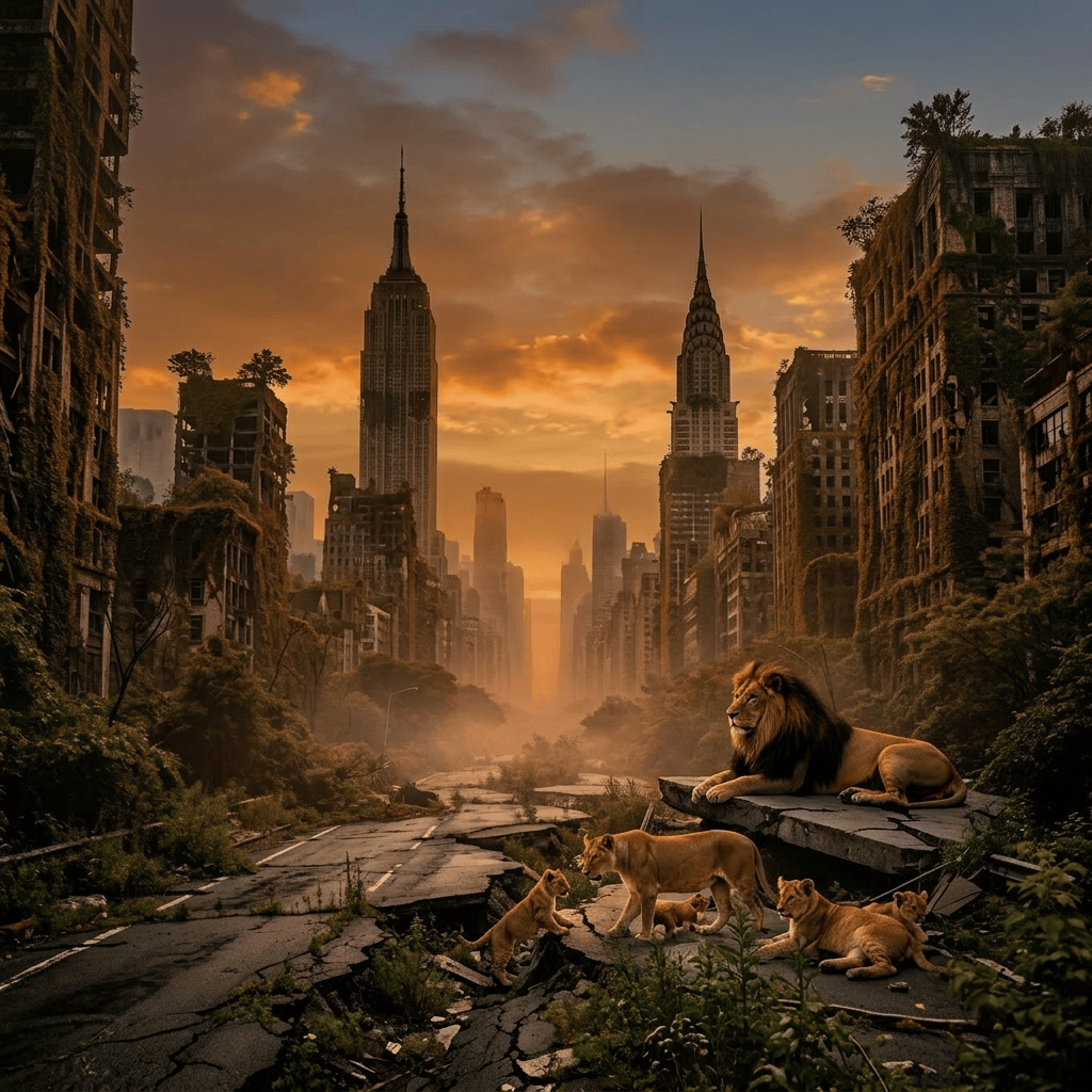 Derelict cracked city street overgrown with vegetation and surrounded by ruined buildings