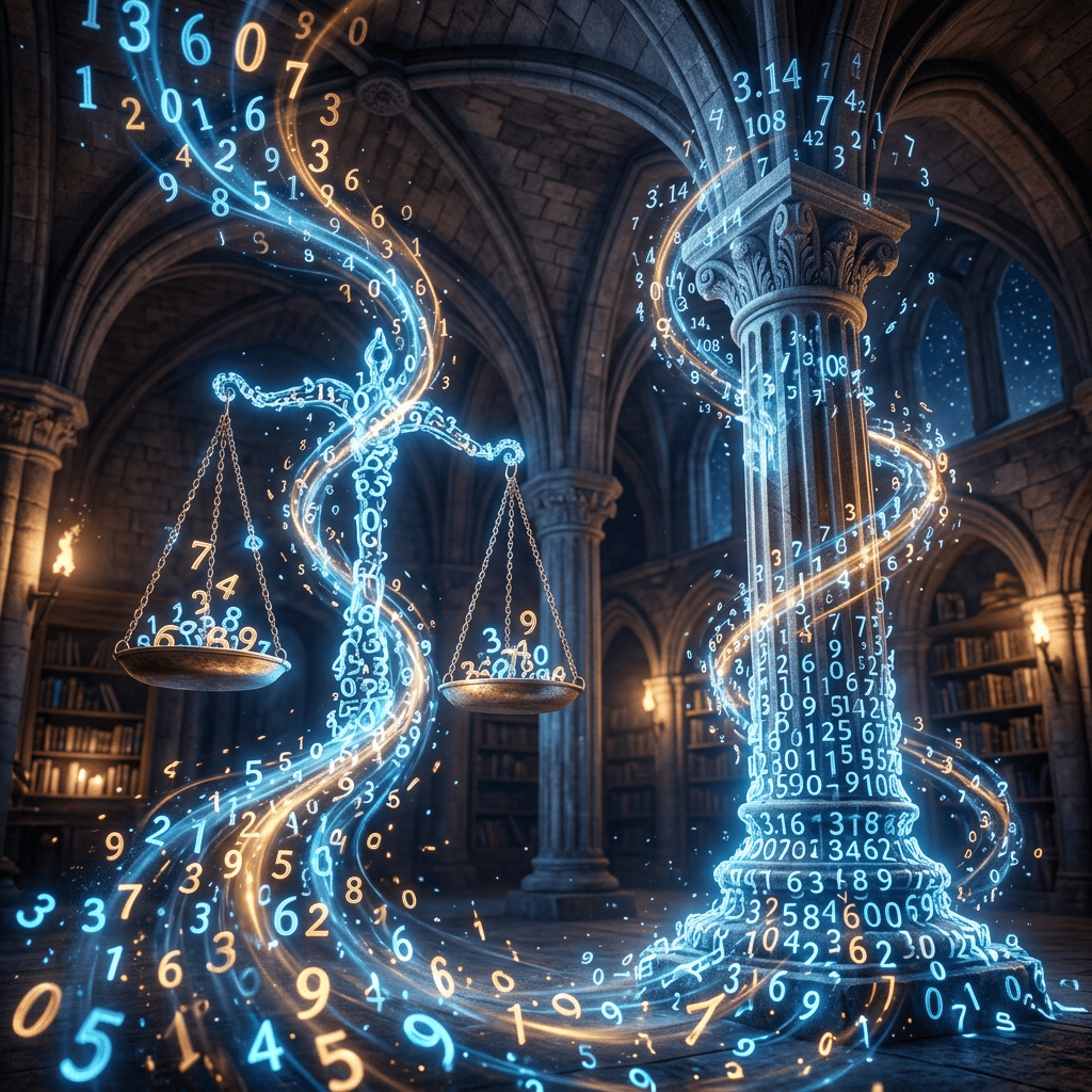 Scales of justice with floating glowing numbers in a large stone library