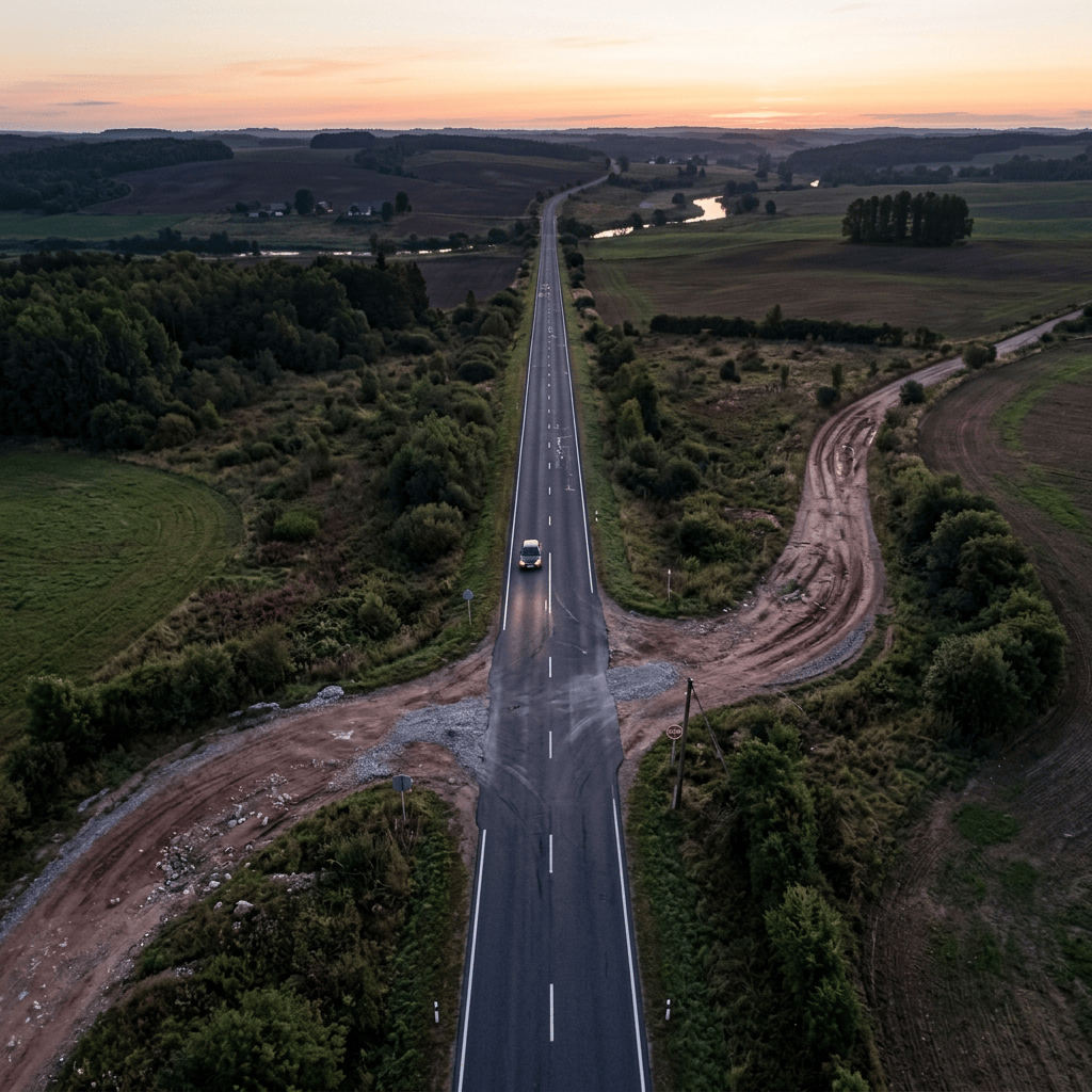 Overhead crossroads, one paved, one rough, dawn light