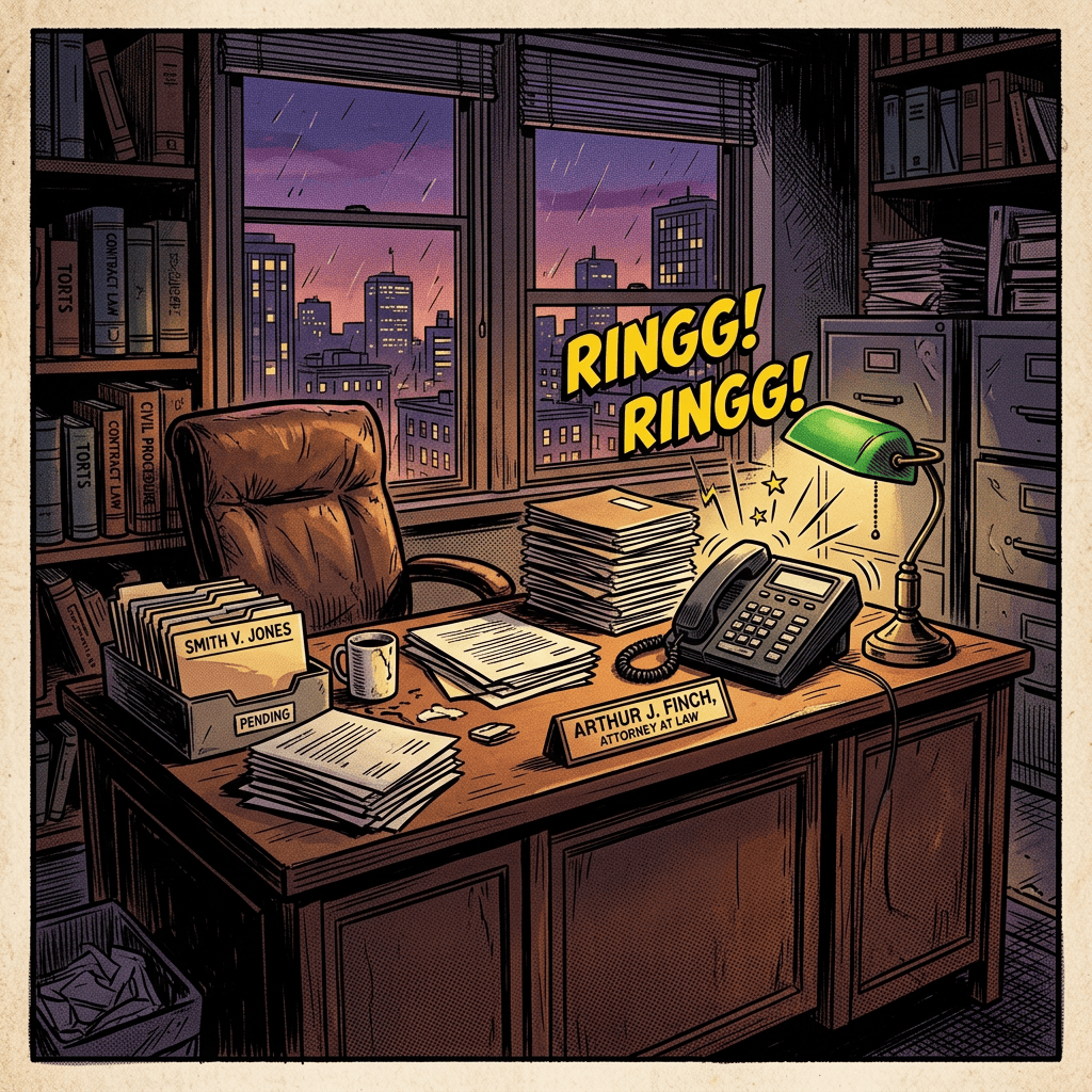 Attorney's cluttered desk with ringing phone and cityscape at sunset