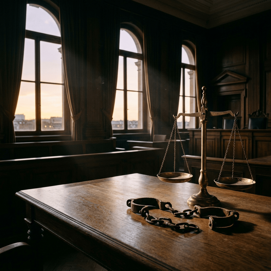 Scales of justice and rusty shackles on wooden table in courtroom