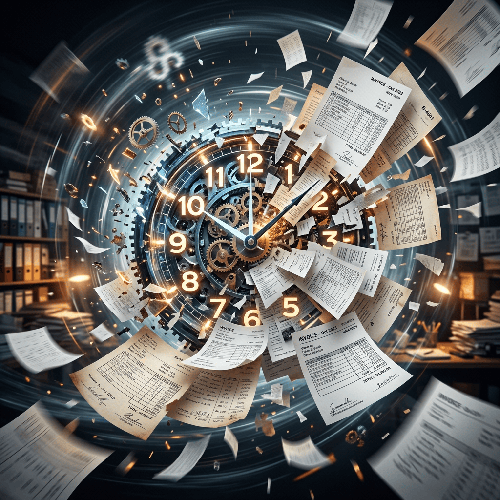 Clock with glowing numbers and gears surrounded by flying invoices and papers