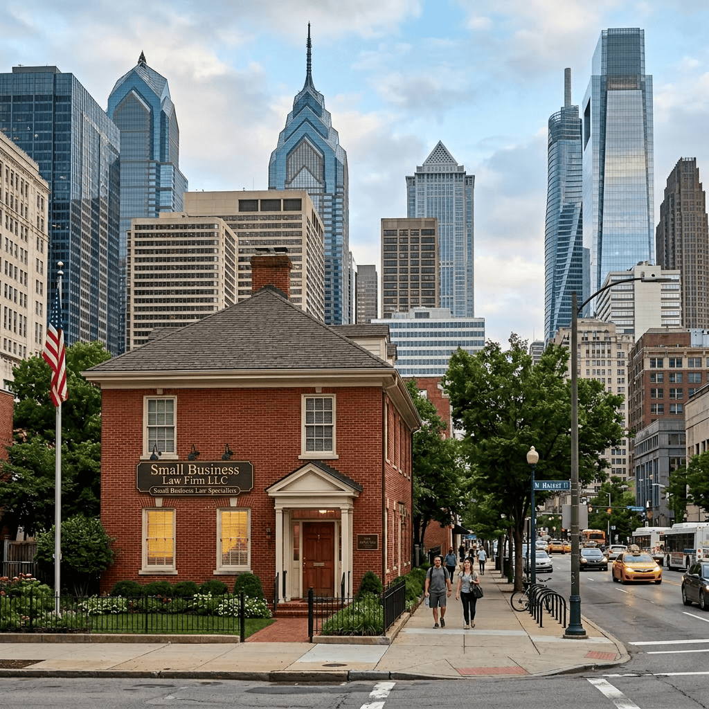 Brick law firm building with American flag in front and modern city skyline behind