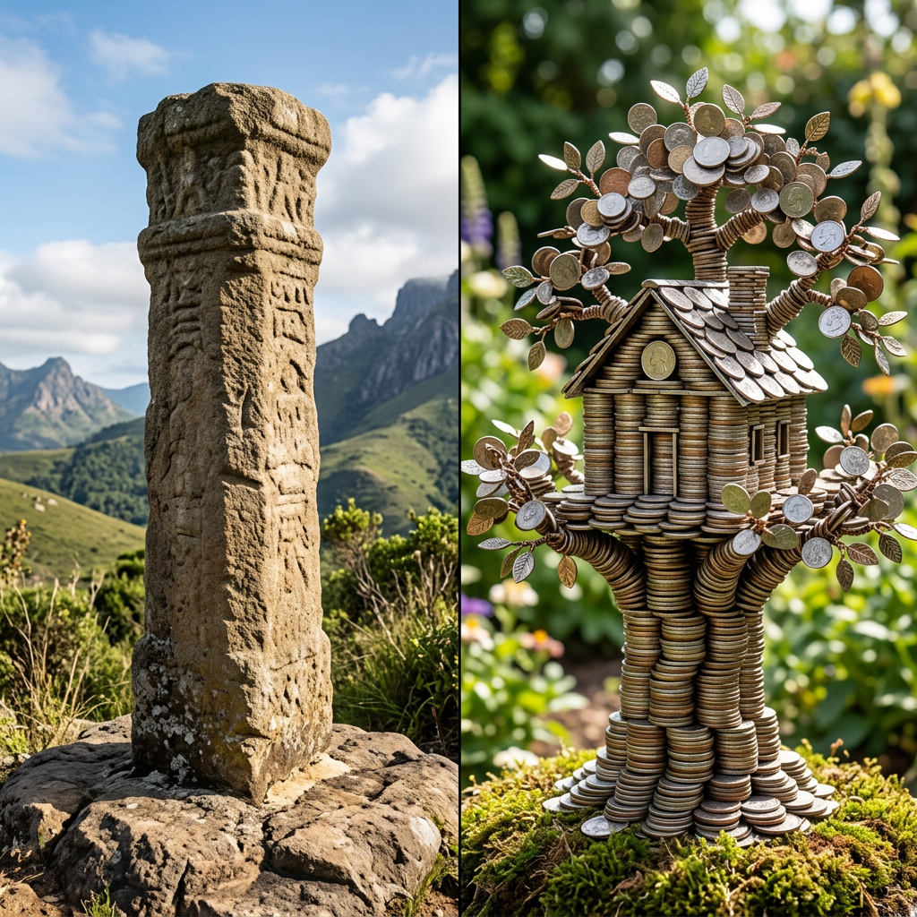 Stone pillar with carvings in mountainous landscape and a house sculpture made of stacked coins with coin trees