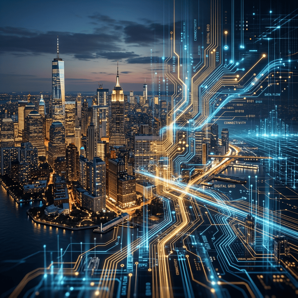 City skyline at dusk overlaid with glowing blue and orange digital network circuits representing connectivity and data flow