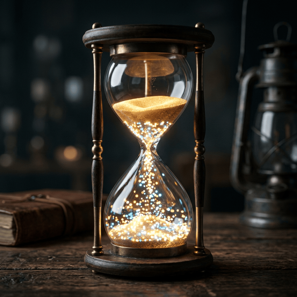 Antique hourglass with golden glowing sand flowing inside