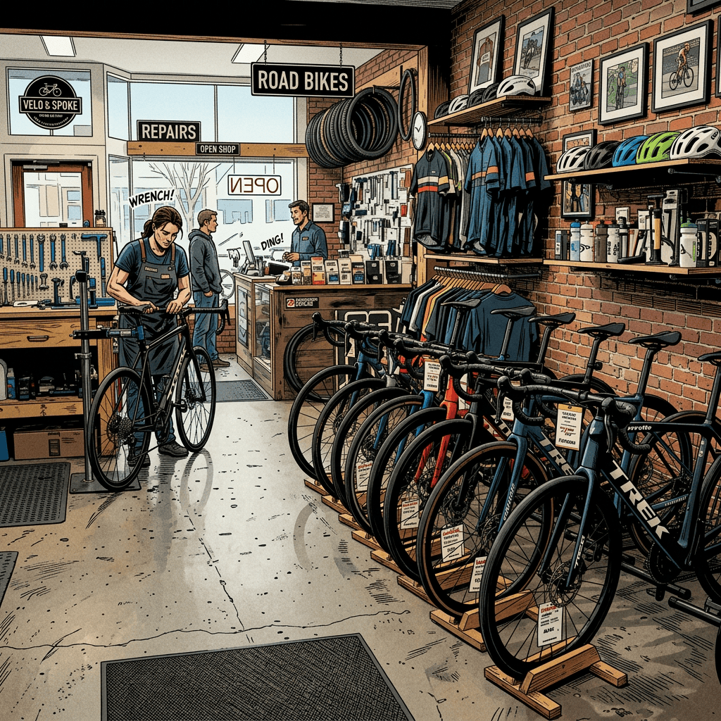 Bike shop interior with mechanic working, customers, and bikes on display