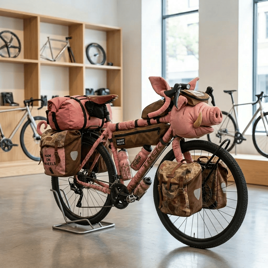 Cyclist on a pig-themed touring bike loaded with bags on a rural road