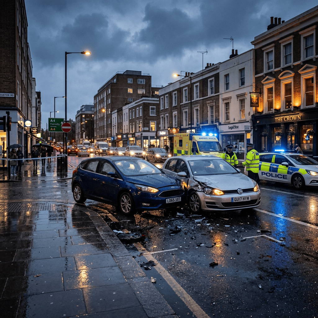 Two cars crashed on wet city street with police and ambulance nearby