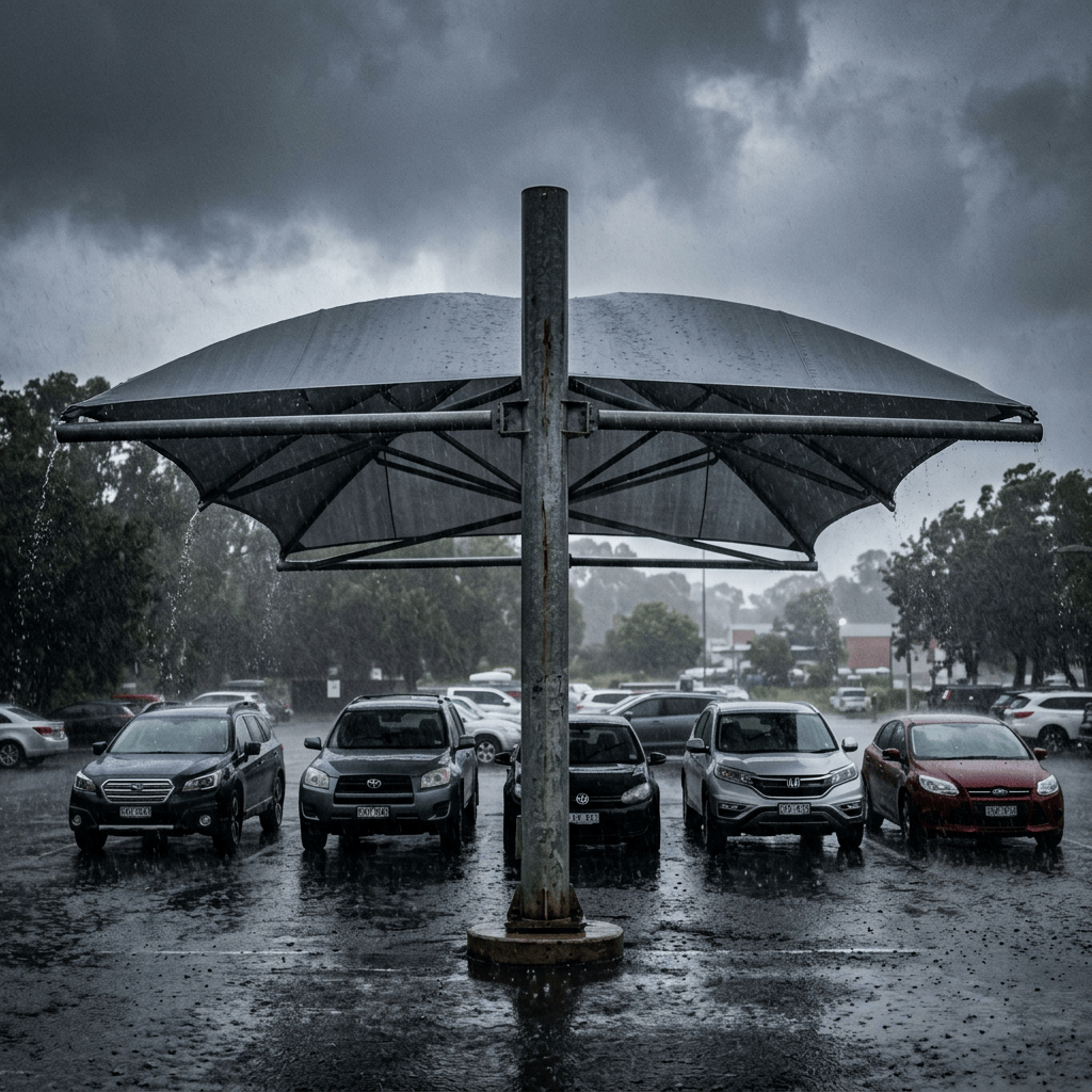 Covered shade structure over parked cars in a rainy parking lot