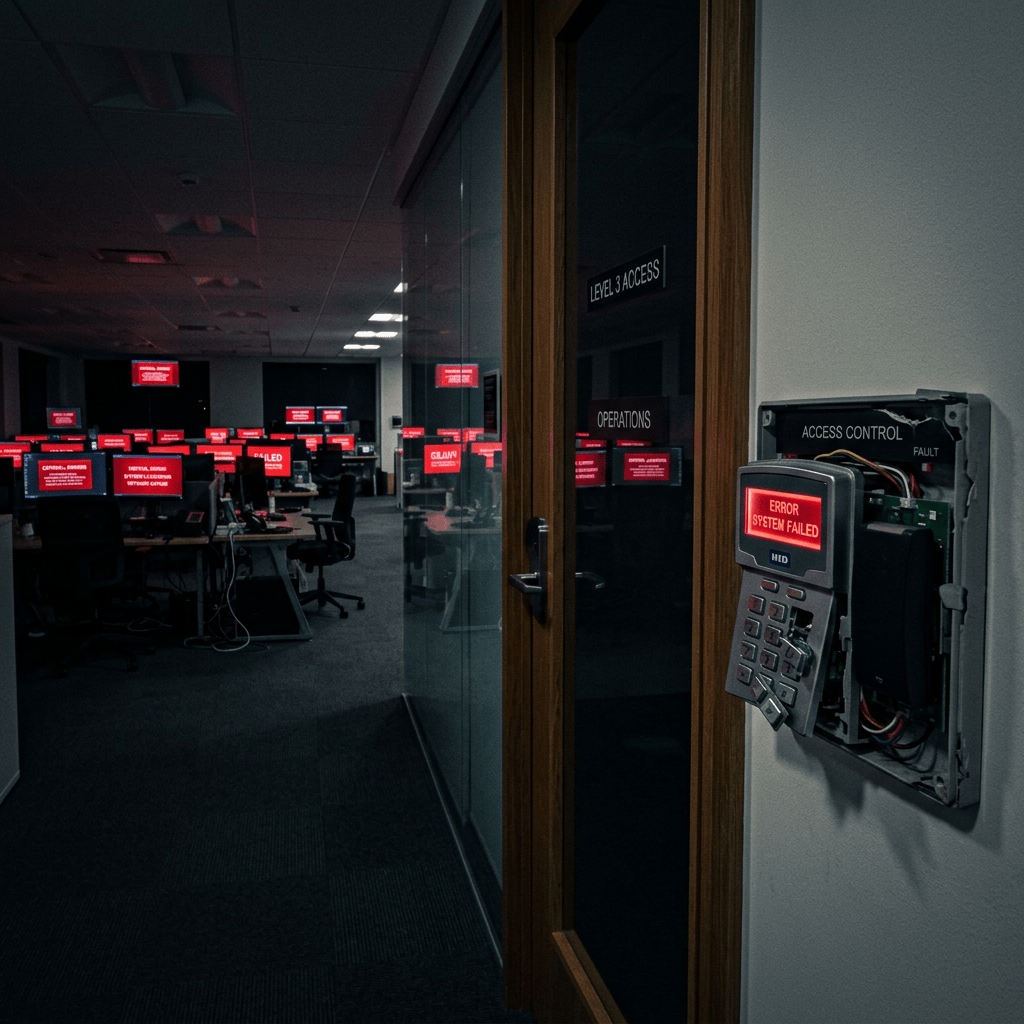 Operations center with computers displaying red error messages and an access control keypad showing system failure