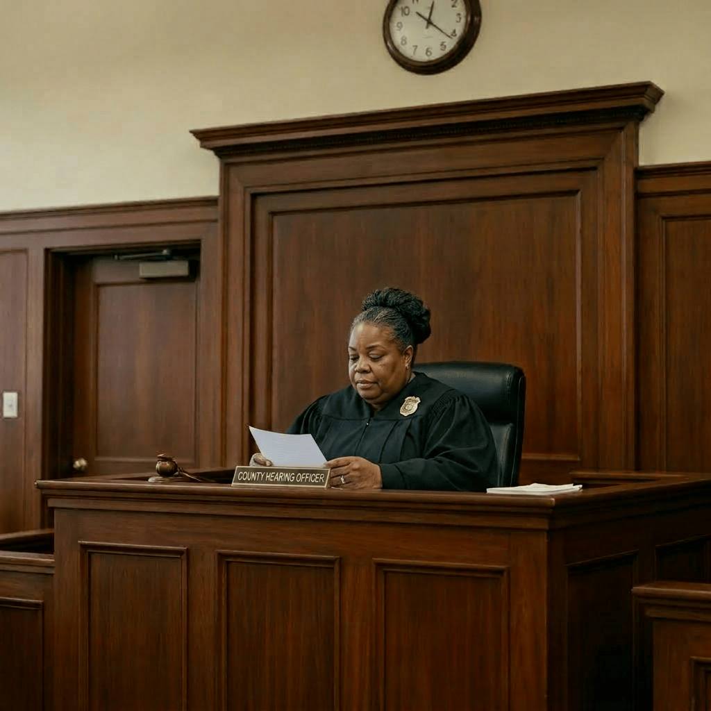 Police officer in judge robe holding gavel at courtroom bench