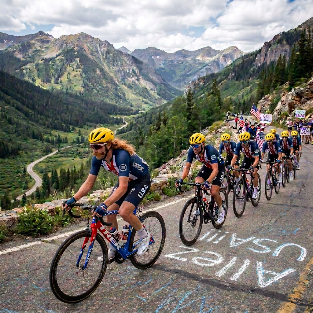 Three cyclists wearing USA gear riding uphill on a mountain road with spectators waving American flags