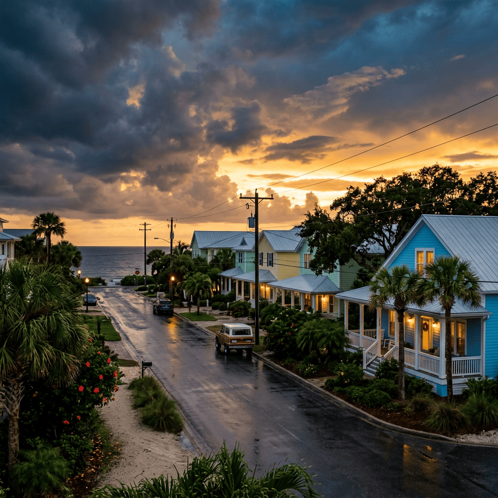 Empty street lined with vibrant houses and palm trees at sunset