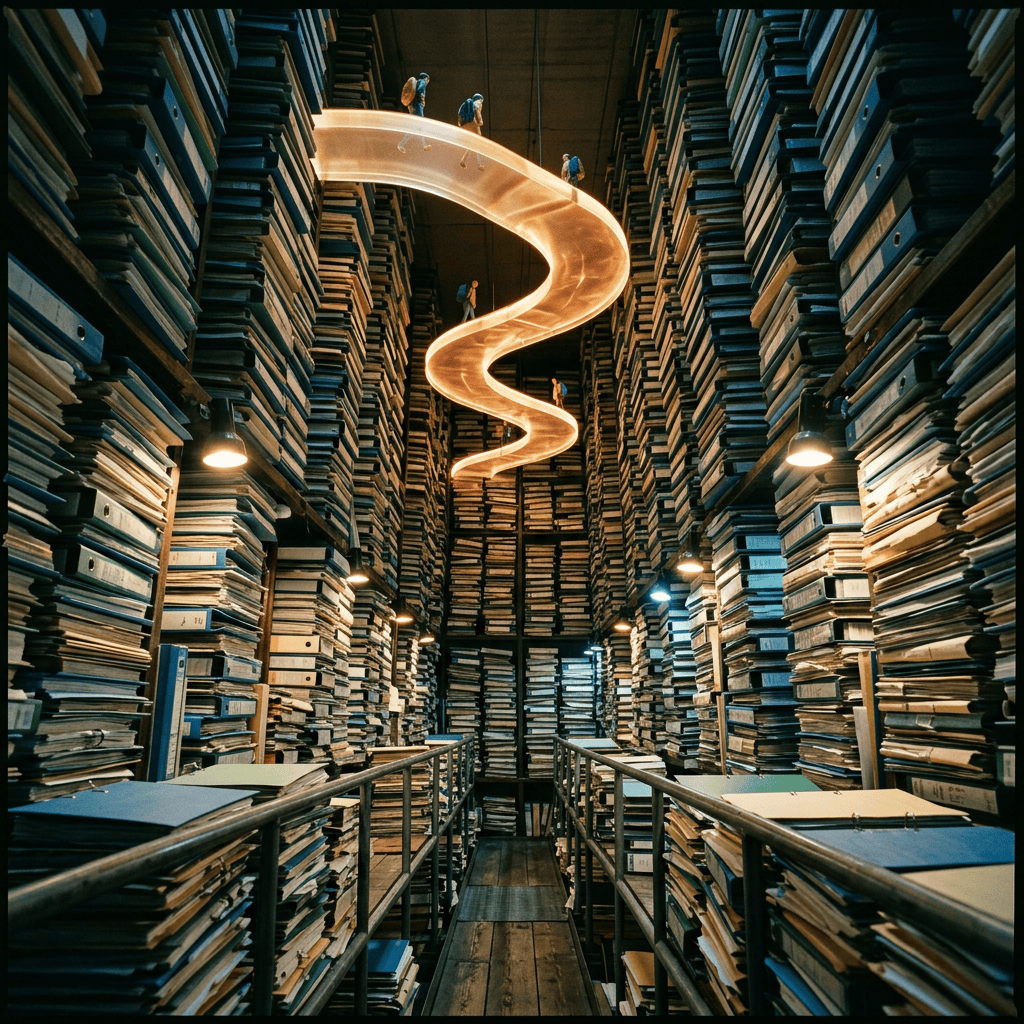 Tall shelves filled with stacks of binders in an archive room with a winding illuminated walkway above.