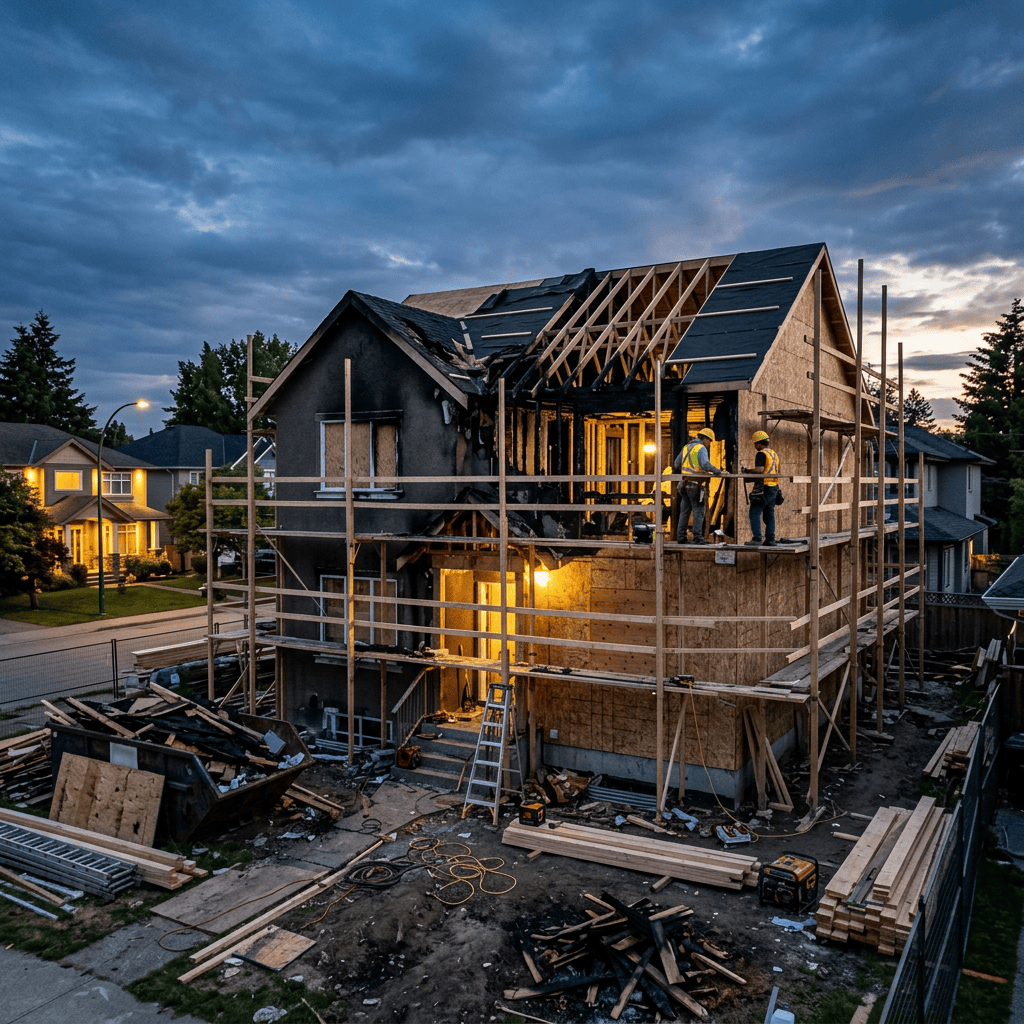 Two construction workers repairing a fire-damaged house under scaffolding at dusk