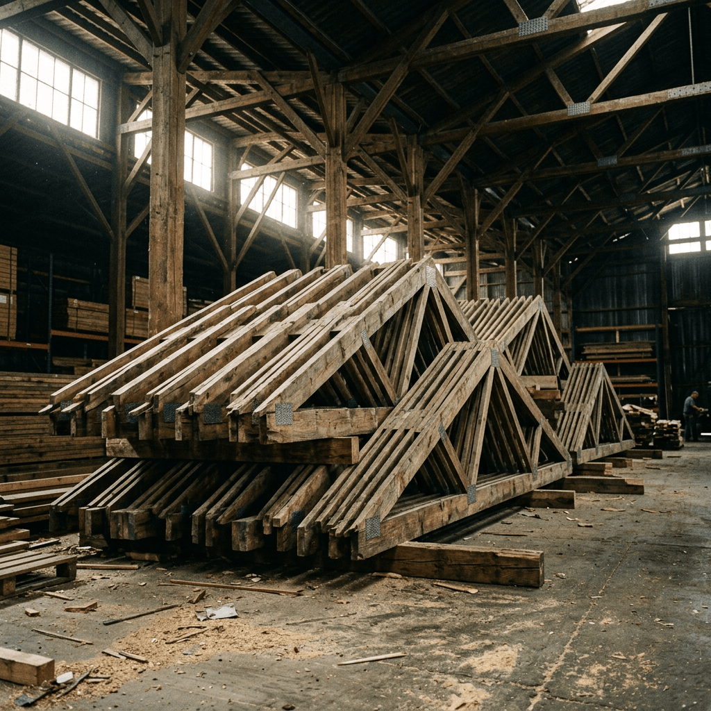 Several large wooden roof trusses stacked inside a warehouse with wooden beams and windows