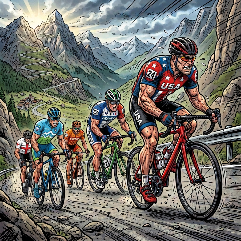 Five cyclists struggling uphill on a mountain road with rugged terrain