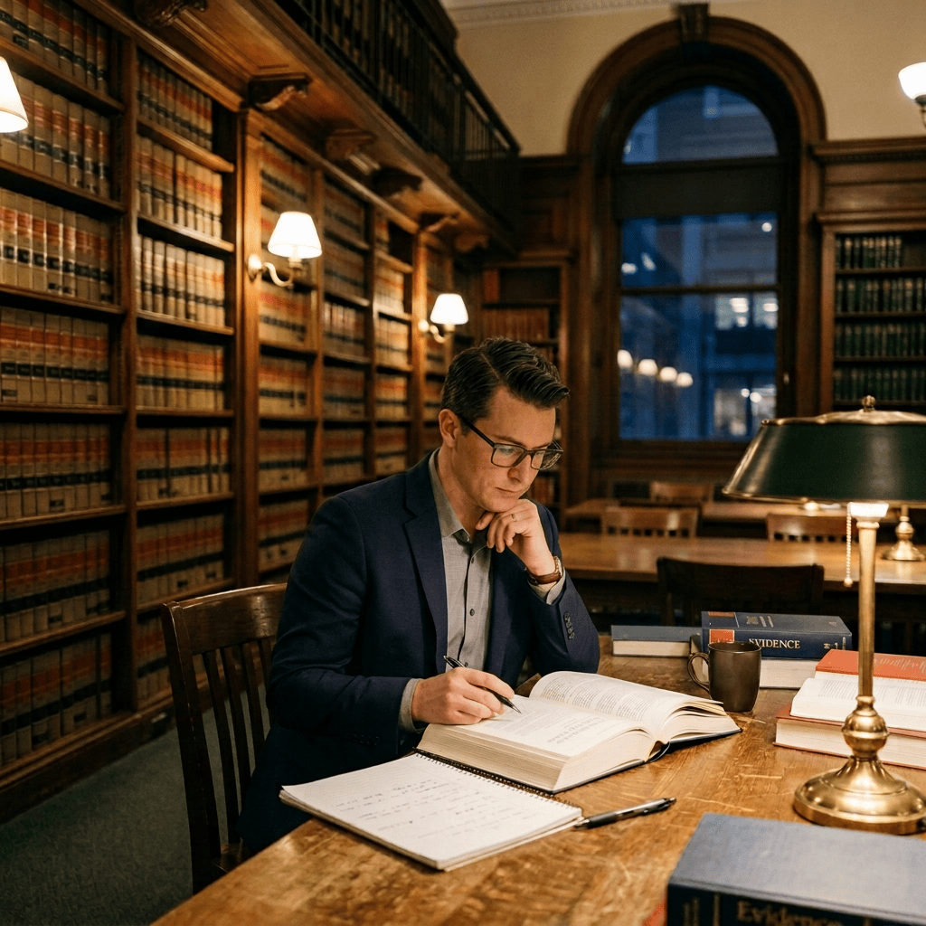 Woman wearing glasses reading and taking notes from a legal book in a law library.