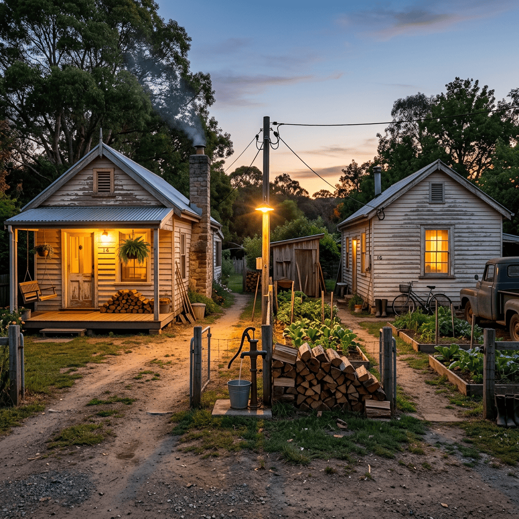 Two small cottages, gardens, firewood, and a glowing streetlamp at sunset