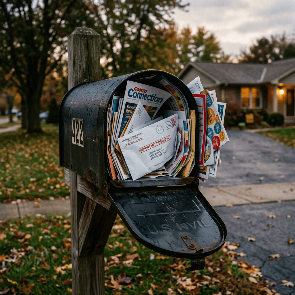Overflowing mailbox marked 1422 with Costco Connection, USPS, and important document visible