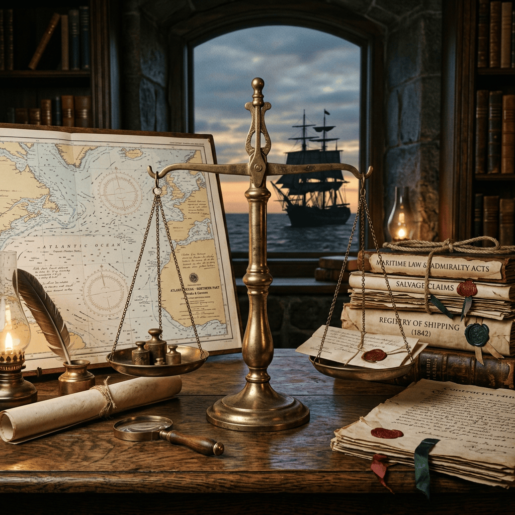 Brass balance scale beside Atlantic map, ship, and maritime law books