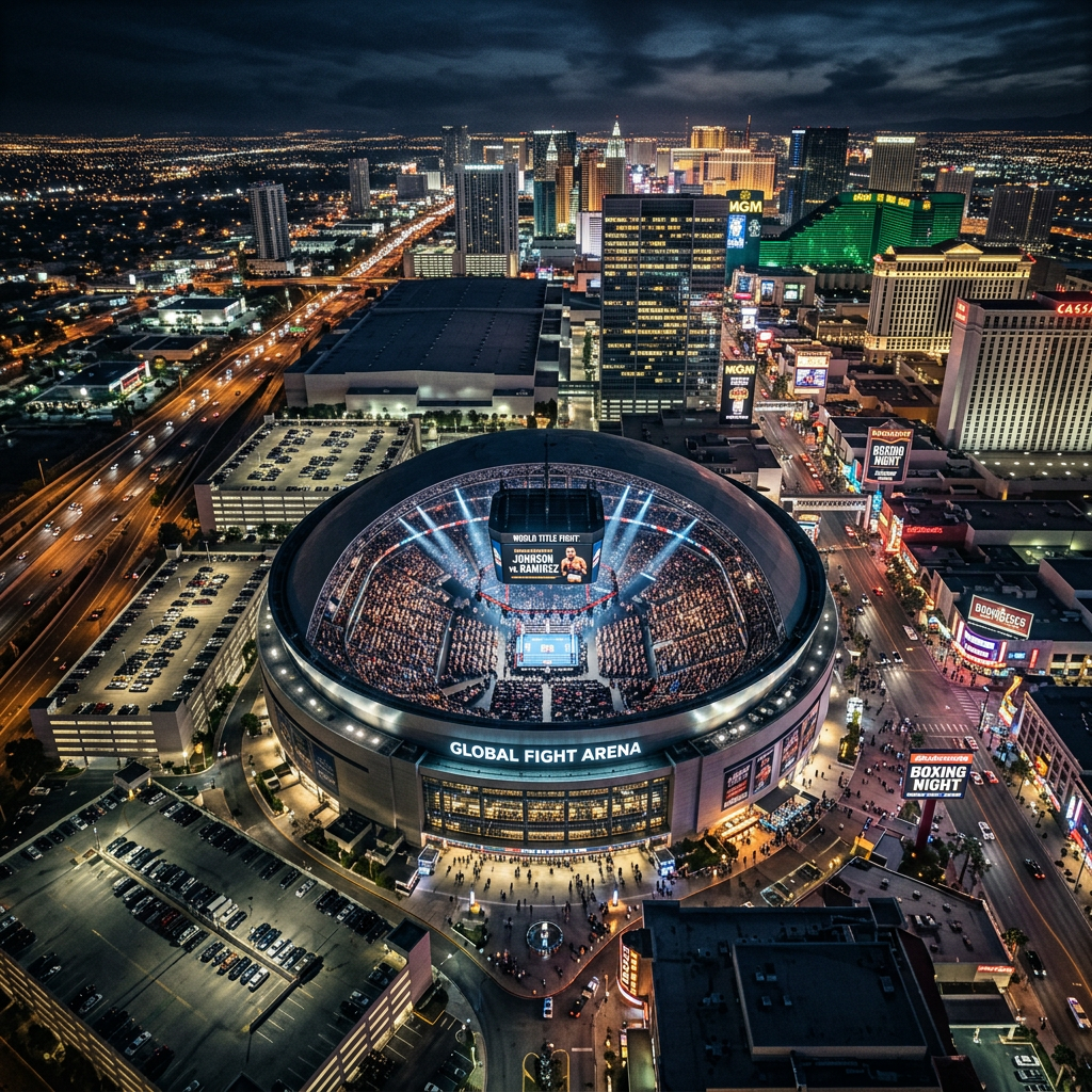 Aerial night view of Global Fight Arena and Las Vegas Strip