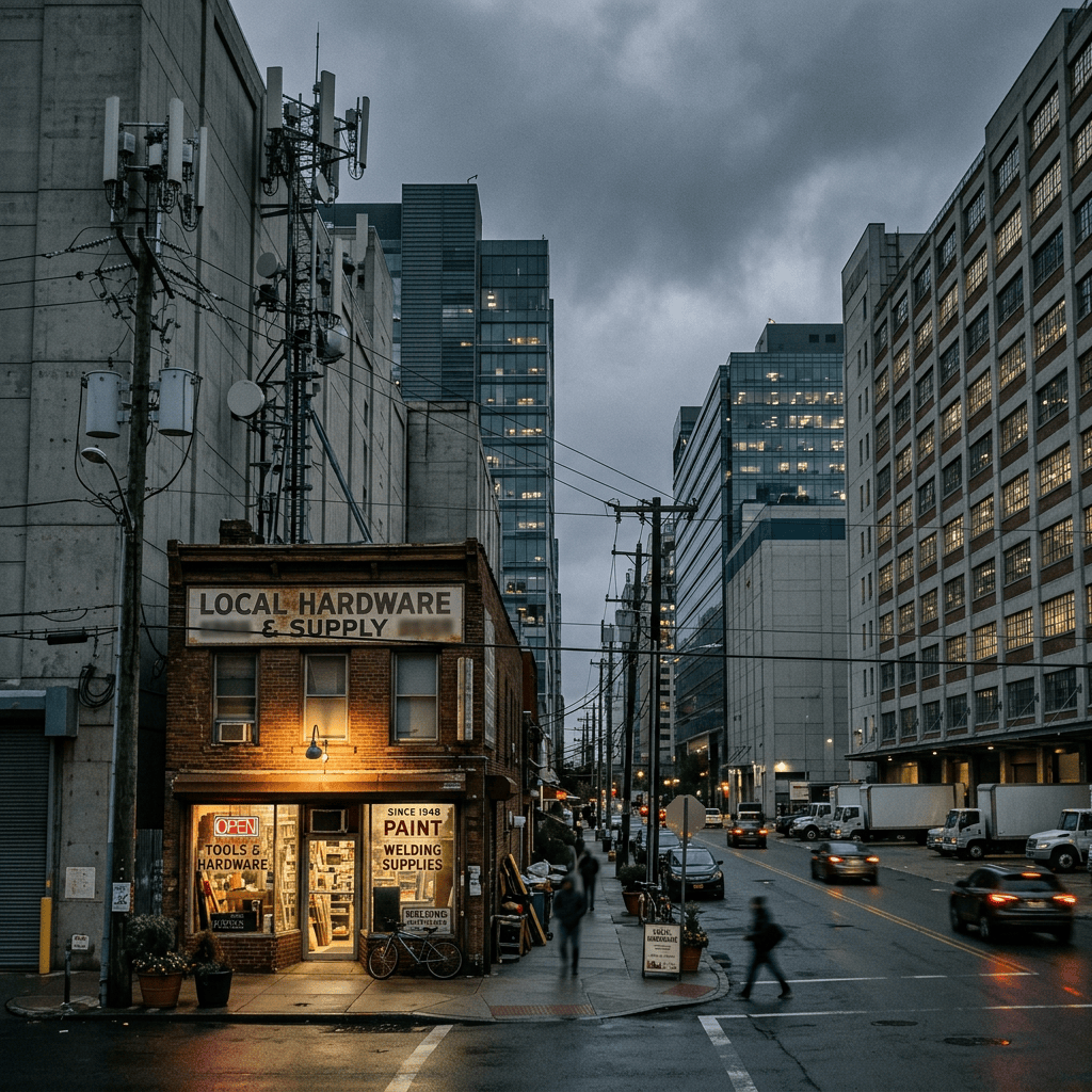 Local hardware and supply store on a rainy downtown street